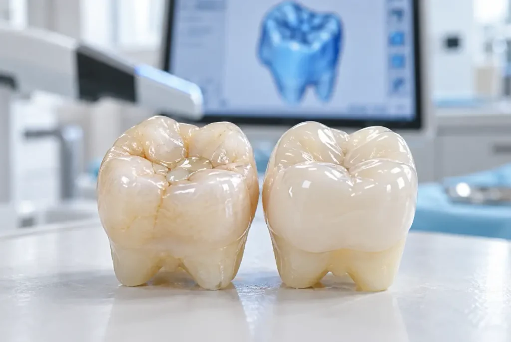 Coroa dentária ou restauração molar com restauração em resina ao lado de molar com coroa de cerâmica