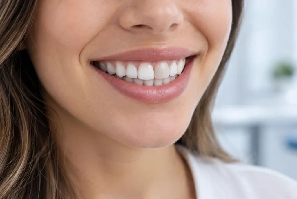 Dente escurecido incisivo central acinzentado após trauma ao lado de dentes com cor natural em sorriso de adulto