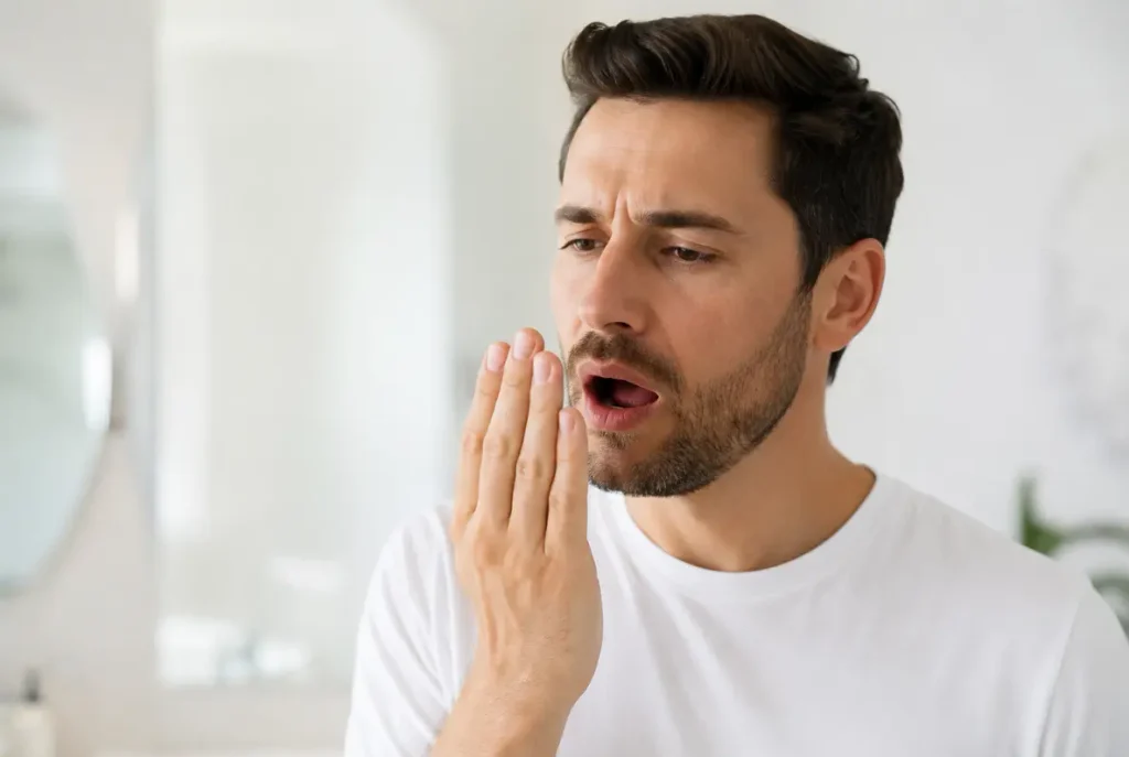 Homem com a boca aberta e expressão de desconforto em imagem sobre mau hálito.