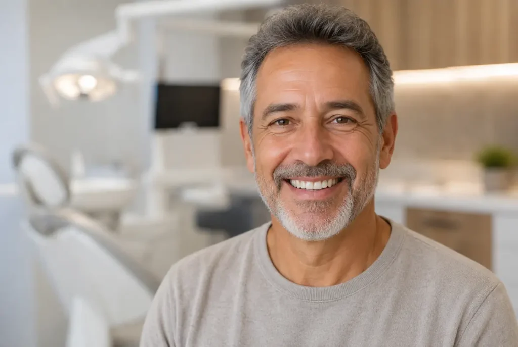 Protético - Homem sorrindo após tratamento com prótese dentária na Bianchi e Gerard Odontologia, em Pelotas.